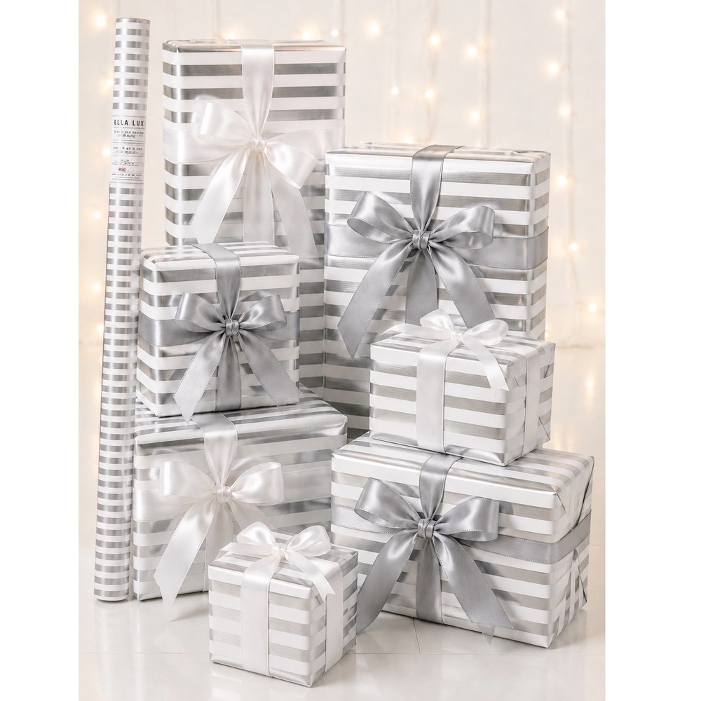 Bella Lux Silver White Striped Heavy Weight Gift Wrap 30 SqFt Party Chic 109-13
